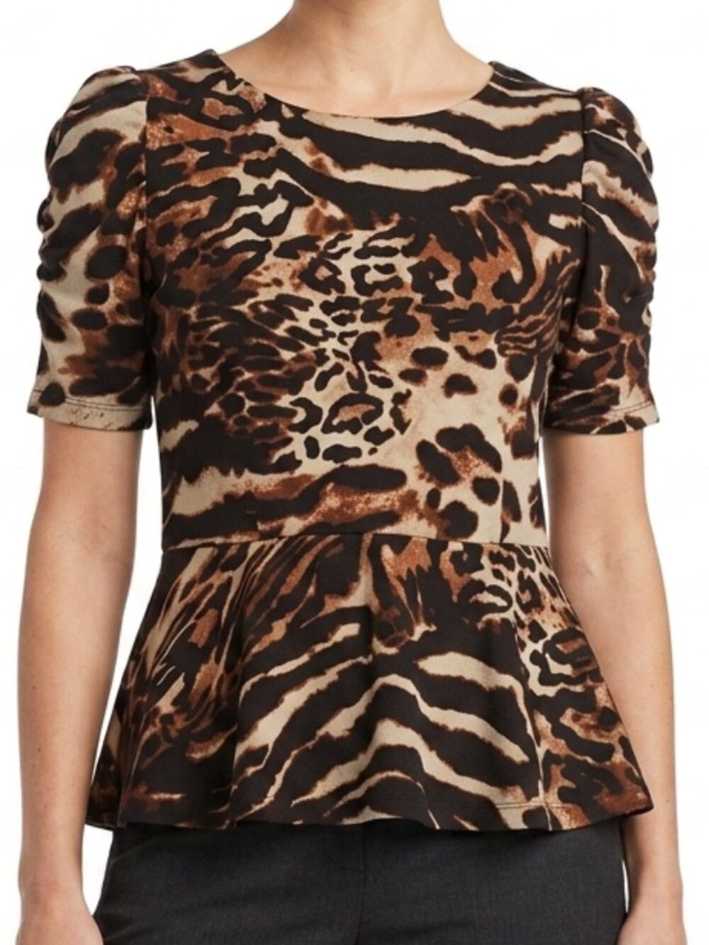 INC Animal Print Short Sleeve Ponte Knit Peplum Top- Sz. Med.